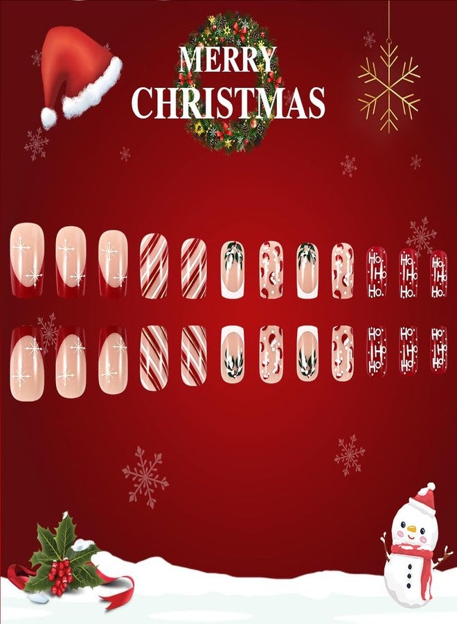 WAFOLOZE Christmas Nails - Square Press On Nails Medium Fake Nails With Santa Hat Striped Alphabet Snowflake Holly Berry Designs Acrylic Artificial Glue On False Nail Press Ons Stick On Nail for Women Girls - Image 3